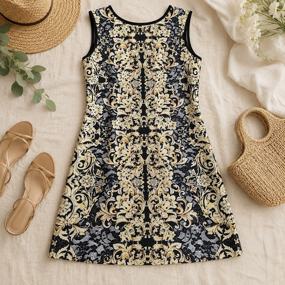 J. Taylor Shift Dress Womens 6 Black Yellow Baroque Floral Lace Print Cocktail